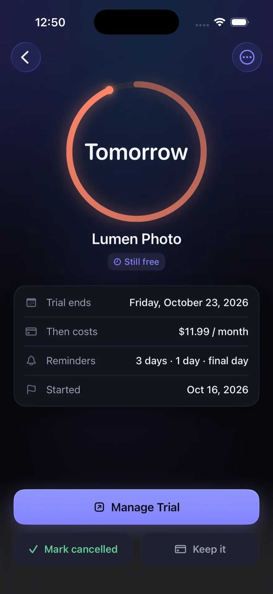 A single trial in StillFree, showing the end date, the price after the trial, and the scheduled reminders.