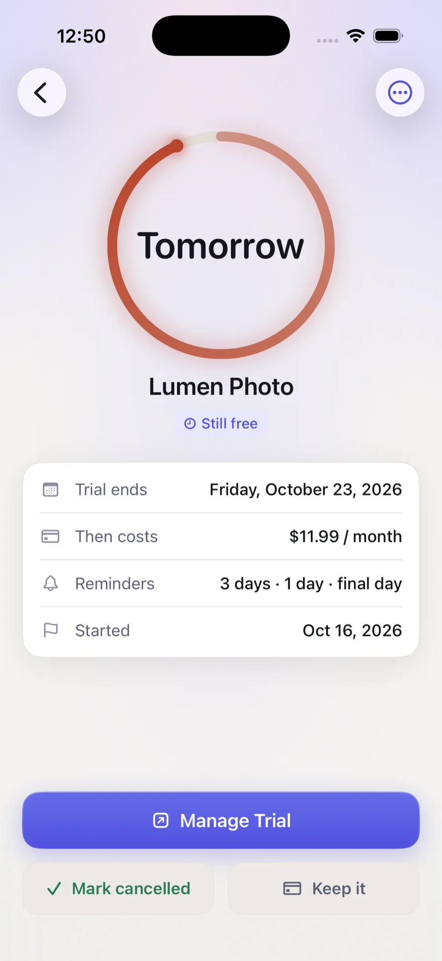 A single trial in StillFree, showing the end date, the price after the trial, and the scheduled reminders.