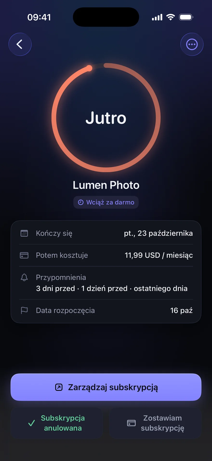 Jeden okres próbny w StillFree: data końca, cena po okresie próbnym i zaplanowane przypomnienia.