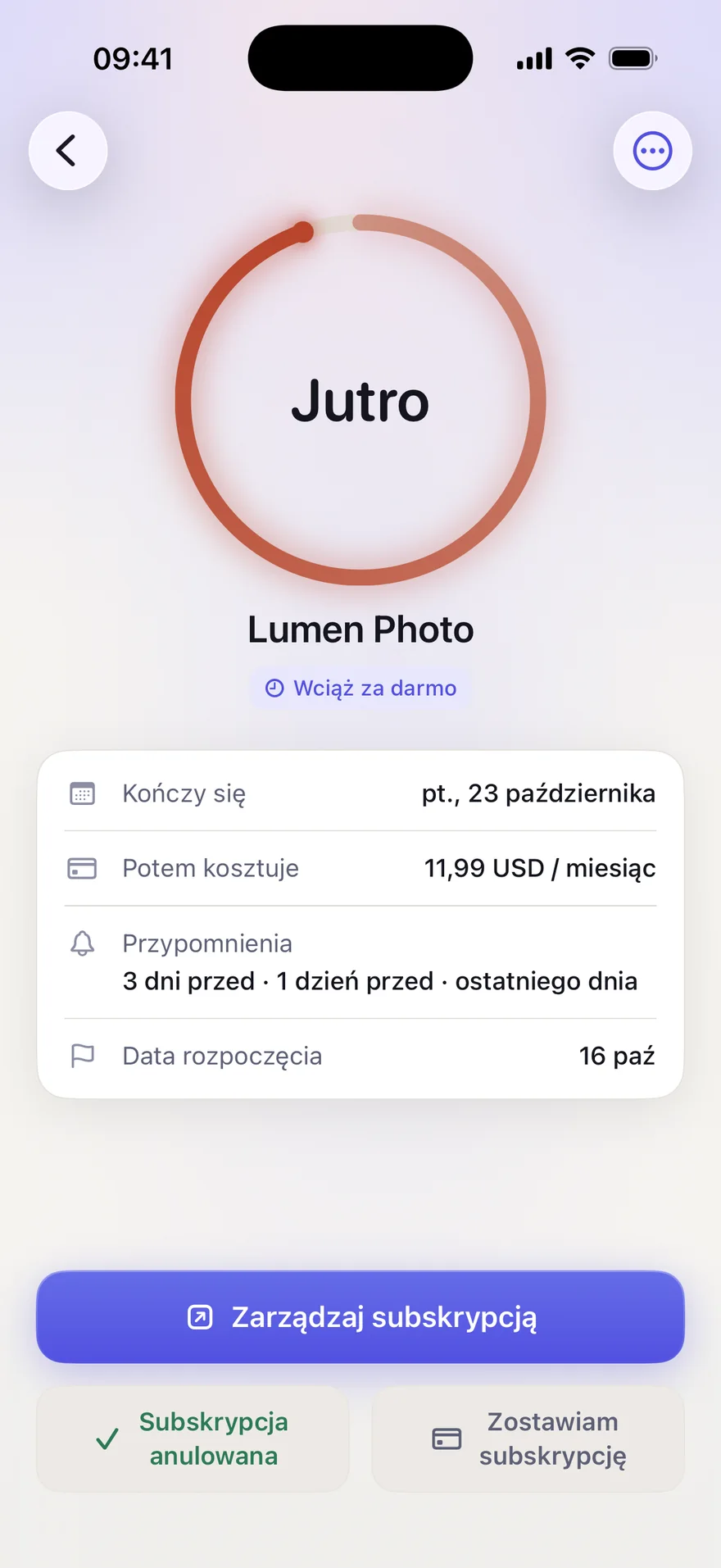 Jeden okres próbny w StillFree: data końca, cena po okresie próbnym i zaplanowane przypomnienia.
