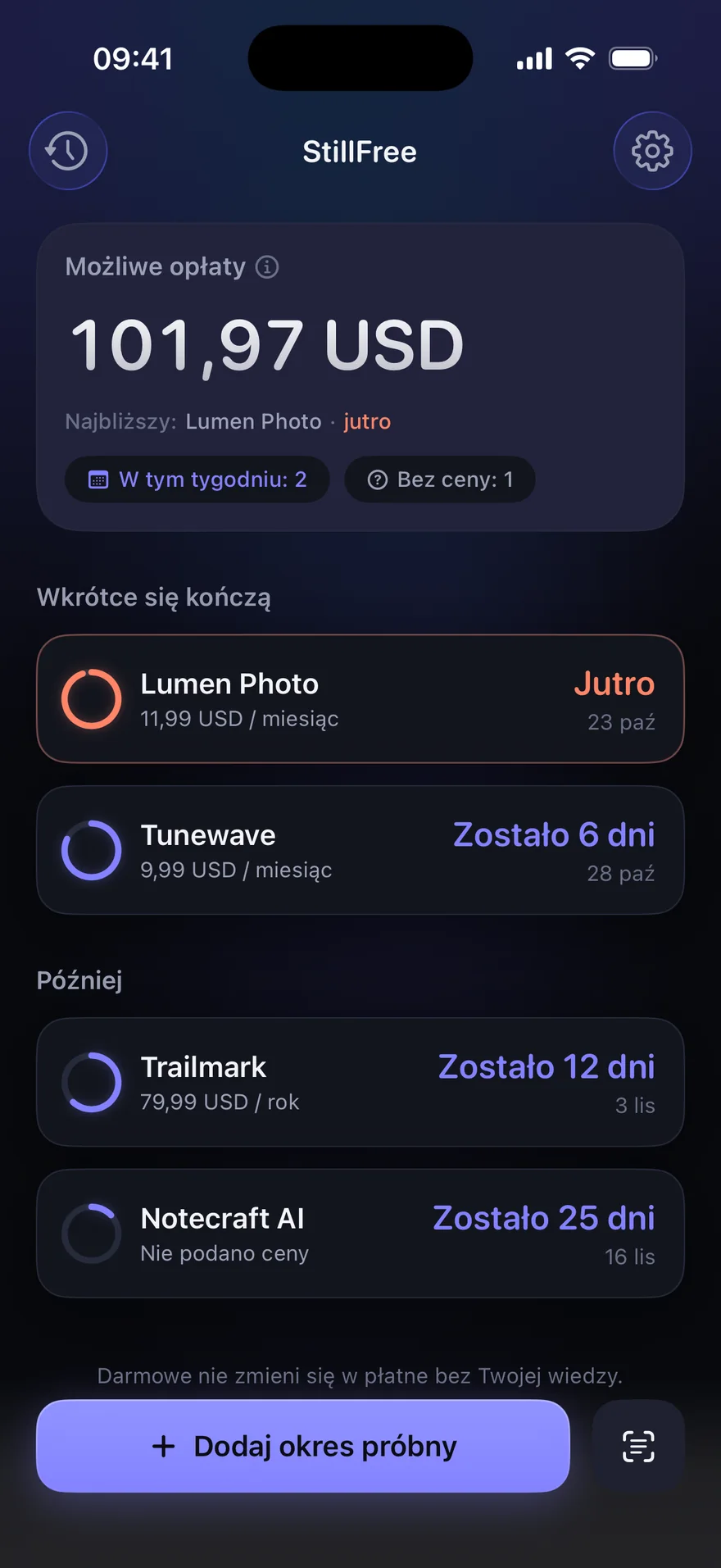 Ekran główny StillFree w trybie ciemnym: możliwe opłaty, okresy próbne, które wkrótce się kończą, i te późniejsze.