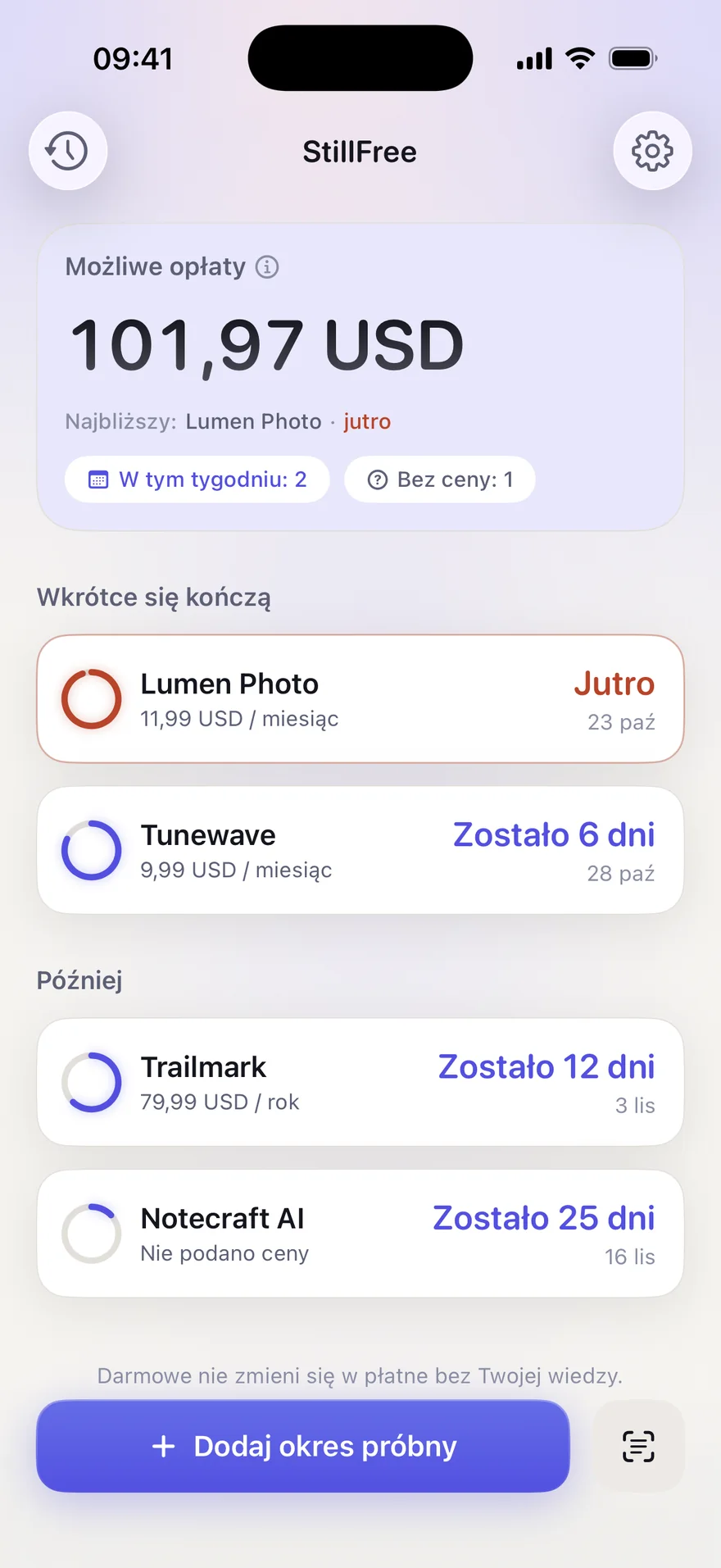 Ekran główny StillFree: możliwe opłaty, okresy próbne, które wkrótce się kończą, i te późniejsze.