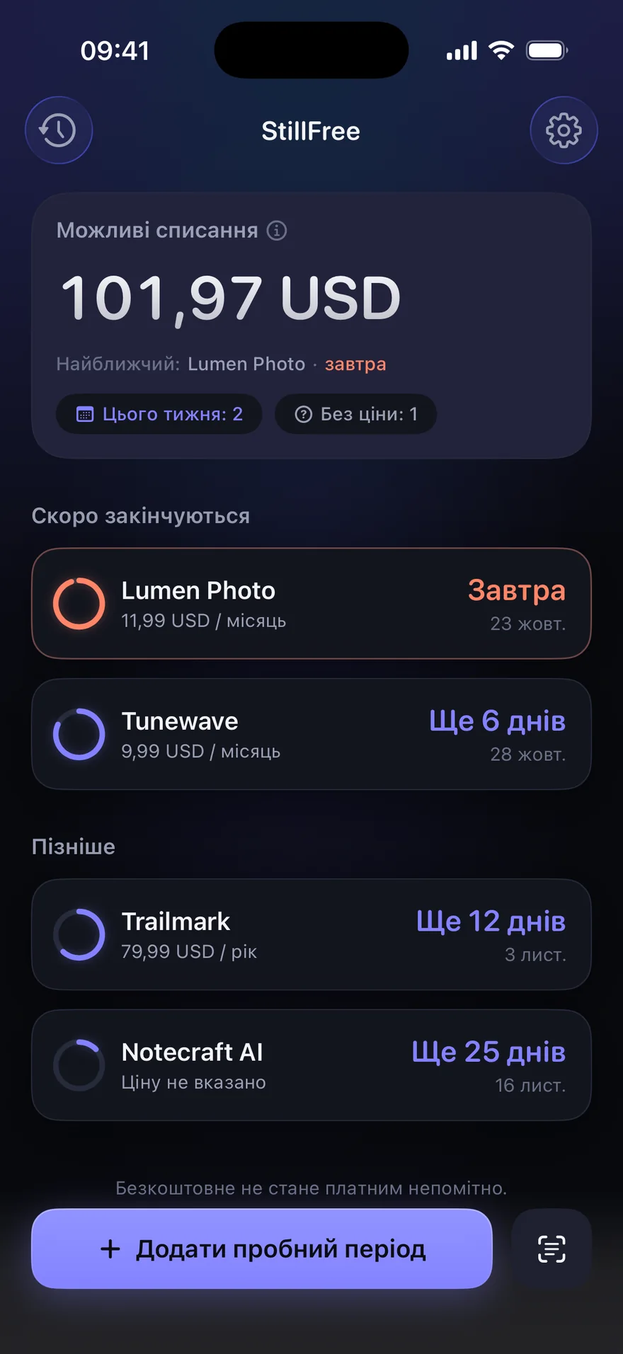 Головний екран StillFree у темній темі: можливі списання, пробні періоди, що скоро закінчуються, і ті, що пізніше.